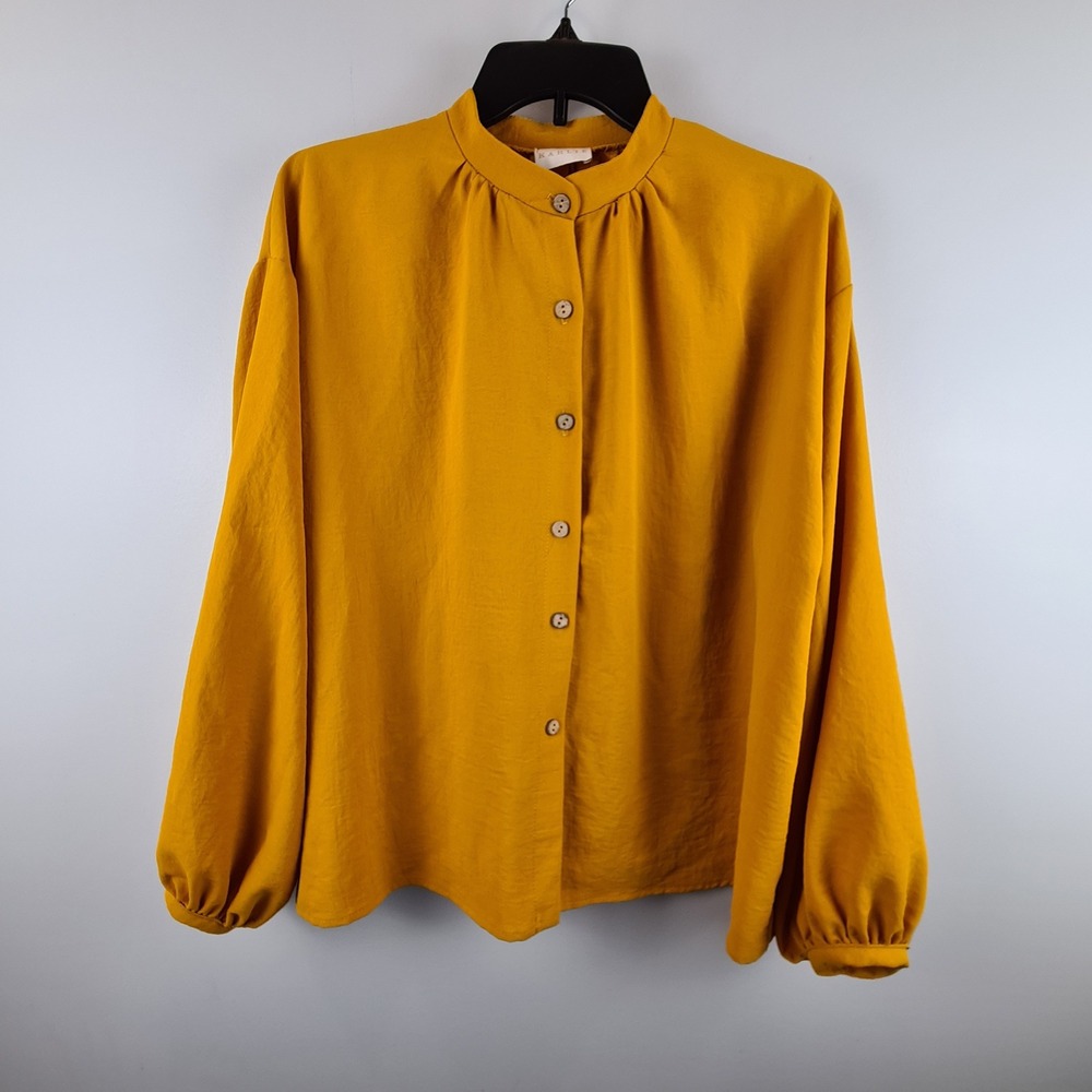 Karlie Mustard Yellow Rayon Button Front Lantern Sleeve Blouse Top Small Modest